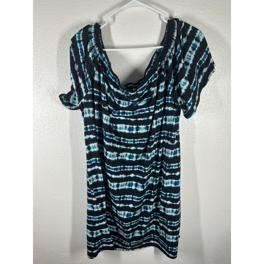 West Loop Top Womens XL Blue Tie Dye Stripe Off Shoulder Tunic Short Sleeve 7019